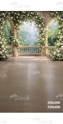 Tło fotograficzne „Kwiatowy taras z kolumnami i widokiem na ogród” | 3821